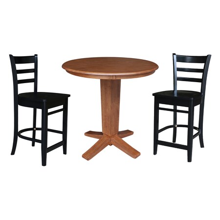 International Concepts 36 in. Solid Wood Round Top Pedestal Dining Table w/2 Counter Height Stools in Distressed Oak/Black K42-36RT-23-S4661722